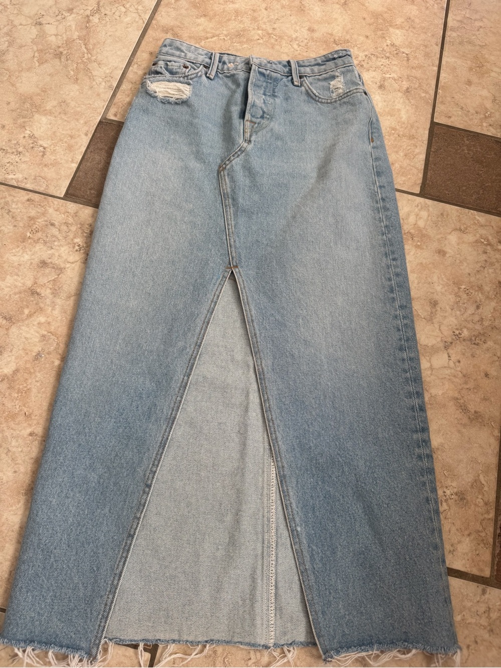 GRLFRND Light Blue Denim Maxi Skirt with Front Slit